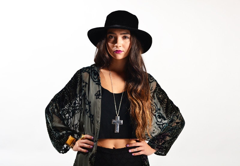 Hunter Green Velvet Burnout Gypsy Kimono Jacket