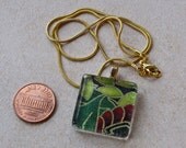 New one of a kind glass tile floral leaves green gold outline print square 1 inch pendant necklace with chain