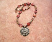 Handmade Jewelry Set, 14k Gold Plated Medallion Pendant with Colored Jasper, Garnet, and Pure Copper, Matching Dangling Earrings