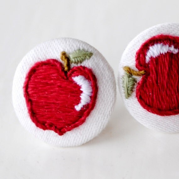 Items similar to Embroidered Earrings Red Apples on Etsy