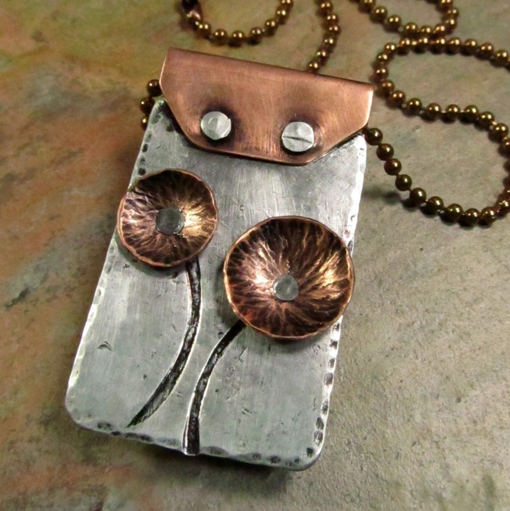 Mixed Metals Necklace with Riveted Copper Flowers in Aluminum and Copper - Hand Stamped Jewelry Metalwork Necklace (104)