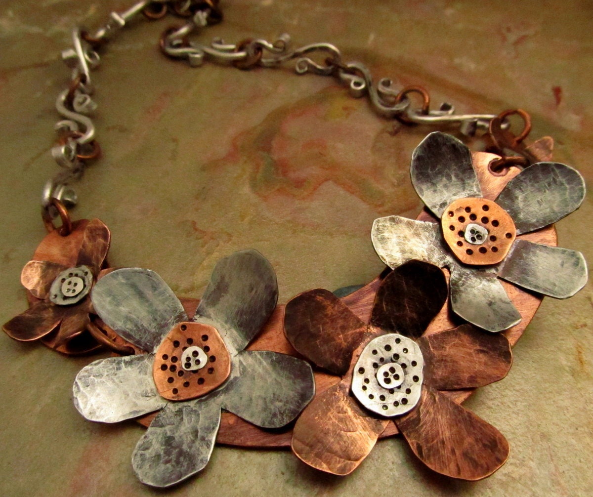 Statement Necklace - Mixed Metal Flower Necklace - Hand Stamped Jewelry Cold Connections Riveted Metalwork - Copper and Aluminum