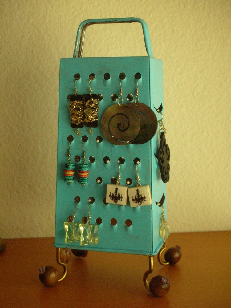 Unique Earring Stand,  Fun Surrealistic Style Retro Industrial Object,Turquoise , Re Purposed Cheese Grater