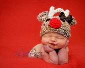 Baby Crochet Hat Santa's Reindeer With  A BOW Baby Photography Prop Sizes Preemie, Newborn, 0-3 months, 3-6 months