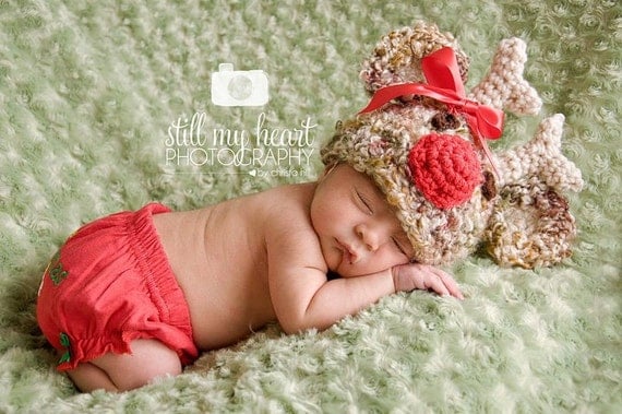 Baby Crochet Hat Santa's Reindeer With  A BOW Baby Photography Prop Sizes Preemie, Newborn, 0-3 months, 3-6 months