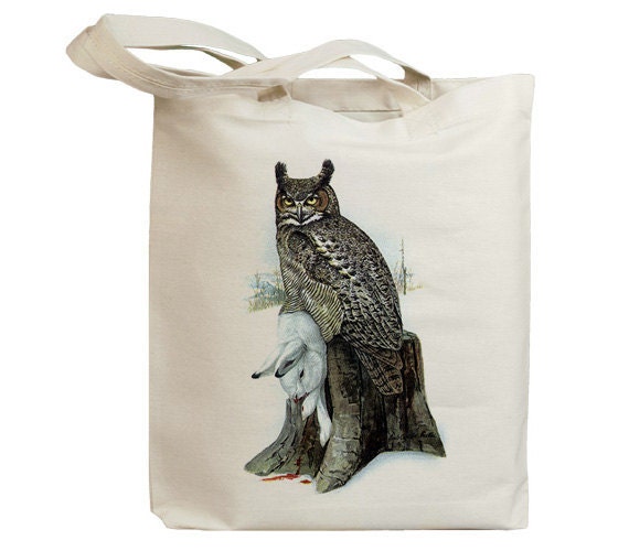 Retro Great Horned Owl Eco Friendly Canvas Tote Bag (id6324)