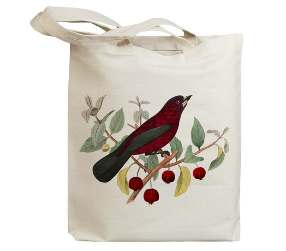 Retro Red Bird on Fruit Vintage Eco Friendly Canvas Tote Bag (idb0002)