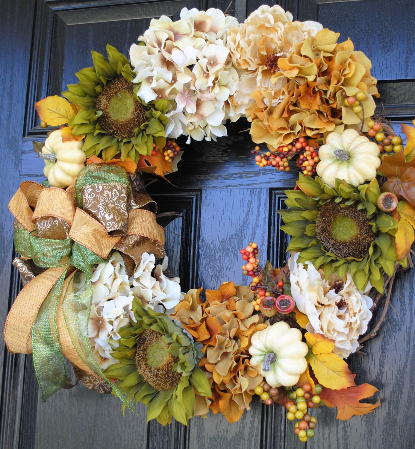 Fall Wreath Elegant Green Sunflowers Cream and Brown Hydrangeas Cream Popies White Pumpkins 20 inch