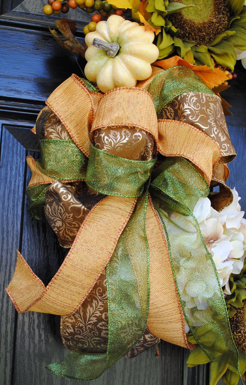 Fall Wreath Elegant Green Sunflowers Cream and Brown Hydrangeas Cream Popies White Pumpkins 20 inch