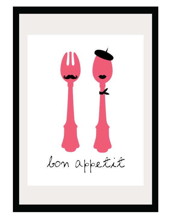 Bon Appetit - 8.5x11 Print - Digital Illustration Poster - Kitchen Art - French Art - French Inspired - Him and Her - Couple