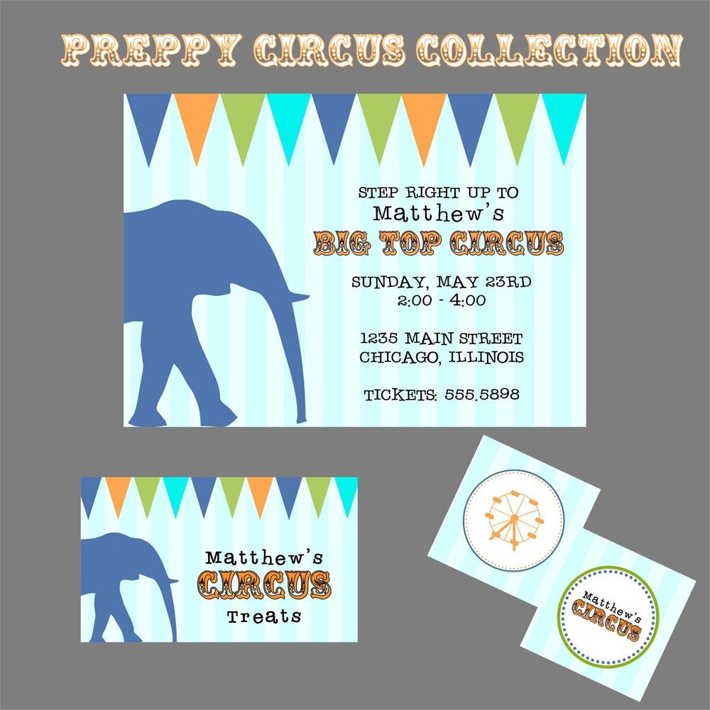 PRINTABLE DIY Prep Boy CIRCUS Party Set, Invitations, Treat Bag Toppers, Party Circles Il_170x135