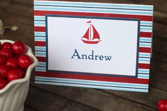 10 Personalized Notecards and envelopes Nautical Red White Blue Il_570xn
