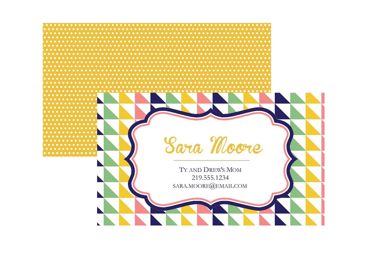 Calling Card Printable - Front and Back Design - Yellow, Navy, Green, Coral Geometric Design Il_570xn