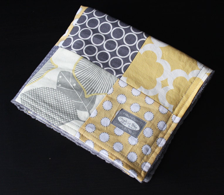 SALE - Yellow and Grey Baby Blanket, Patchwork quilt with Grey Minky