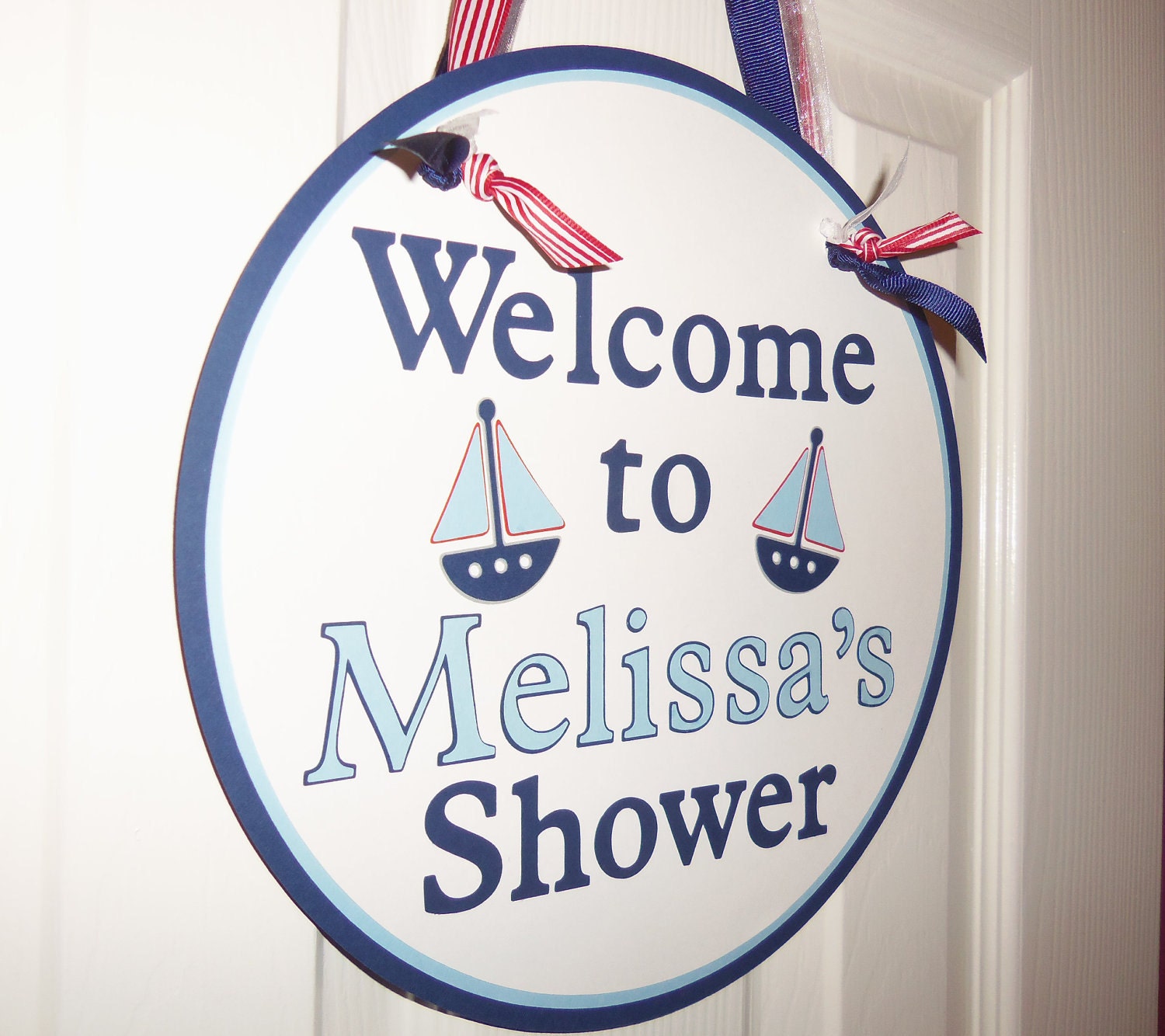 NAUTICAL Birthday or Baby Shower Door Hanging Sign in Blue White and Red - Customize Your Way