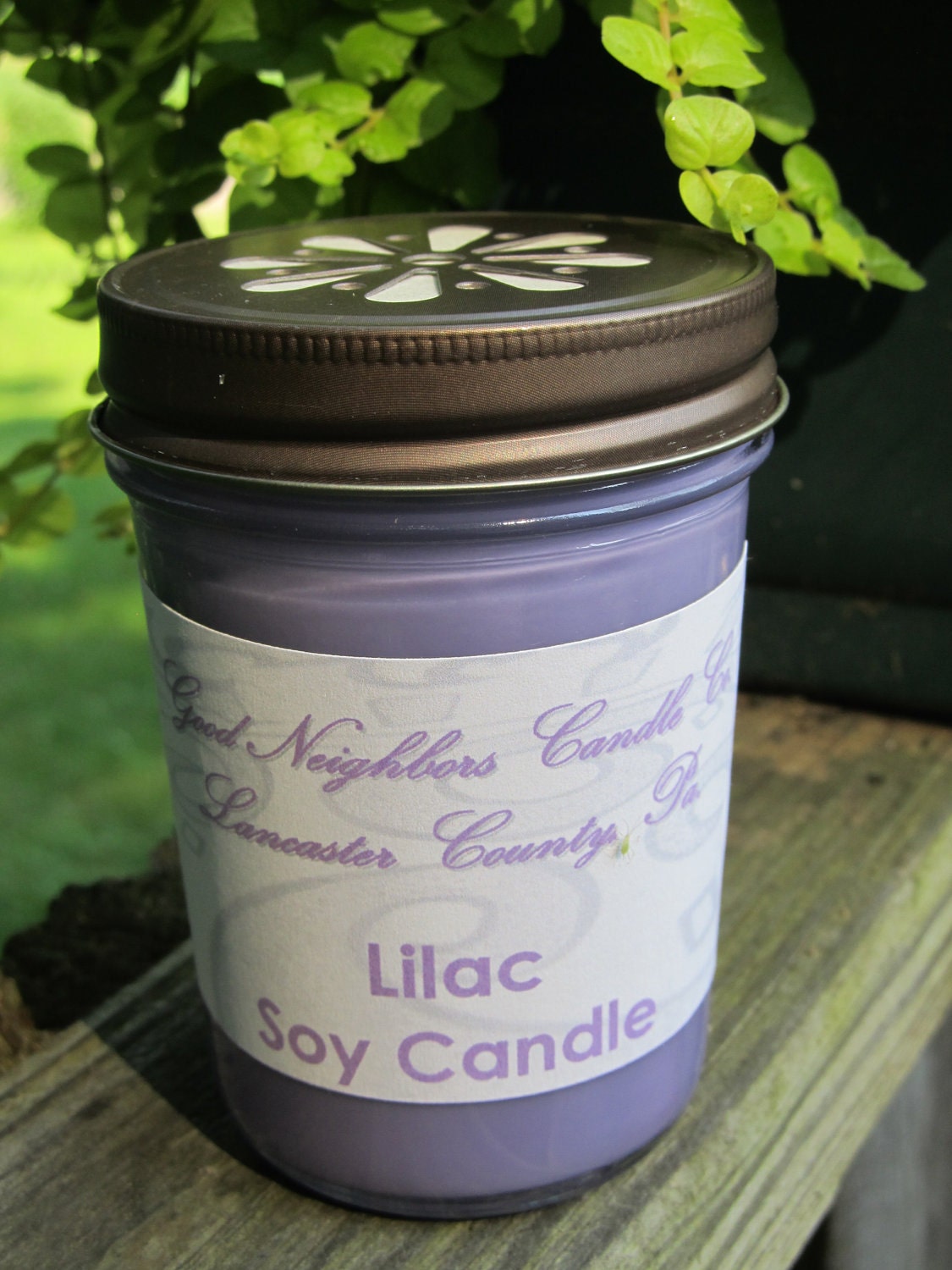 Soy Candle, Lilac, 8 ounces, Tapered Jelly Jar, Wood, Cotton or Hemp Wick, Purple, Lavender