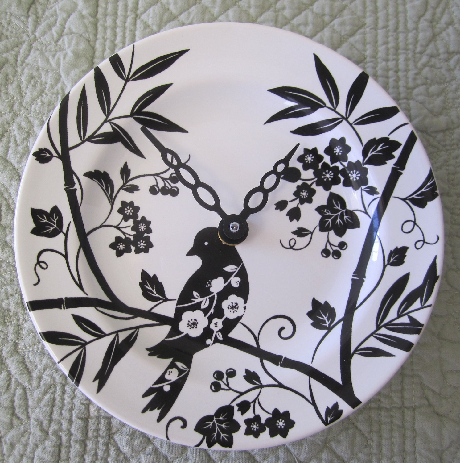 Bird Clock Round Plate Black and White Wall Hanging or Shelf Dish