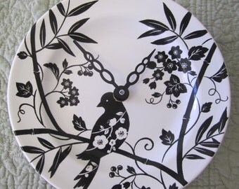 Bird Clock Round Plate Black and White Wall Hanging or Shelf Dish