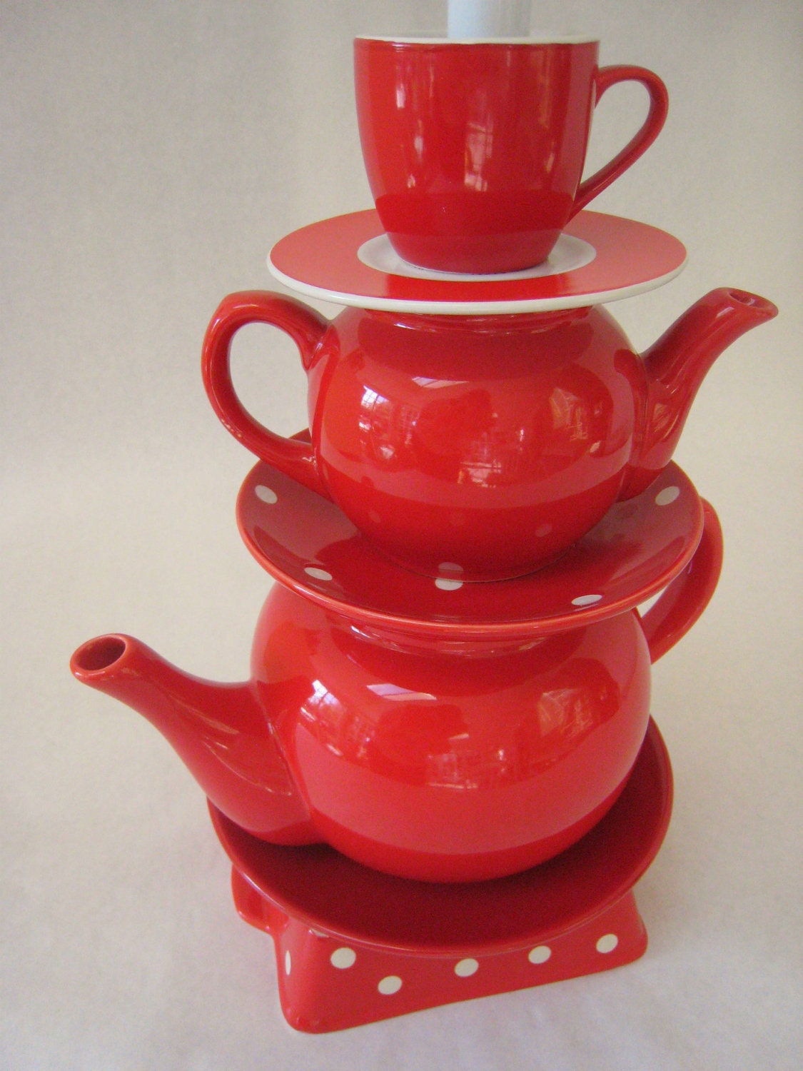 Teapot Lamp, Red Teapots Tea Cup and Saucer with Polka Dots  Country Cottage
