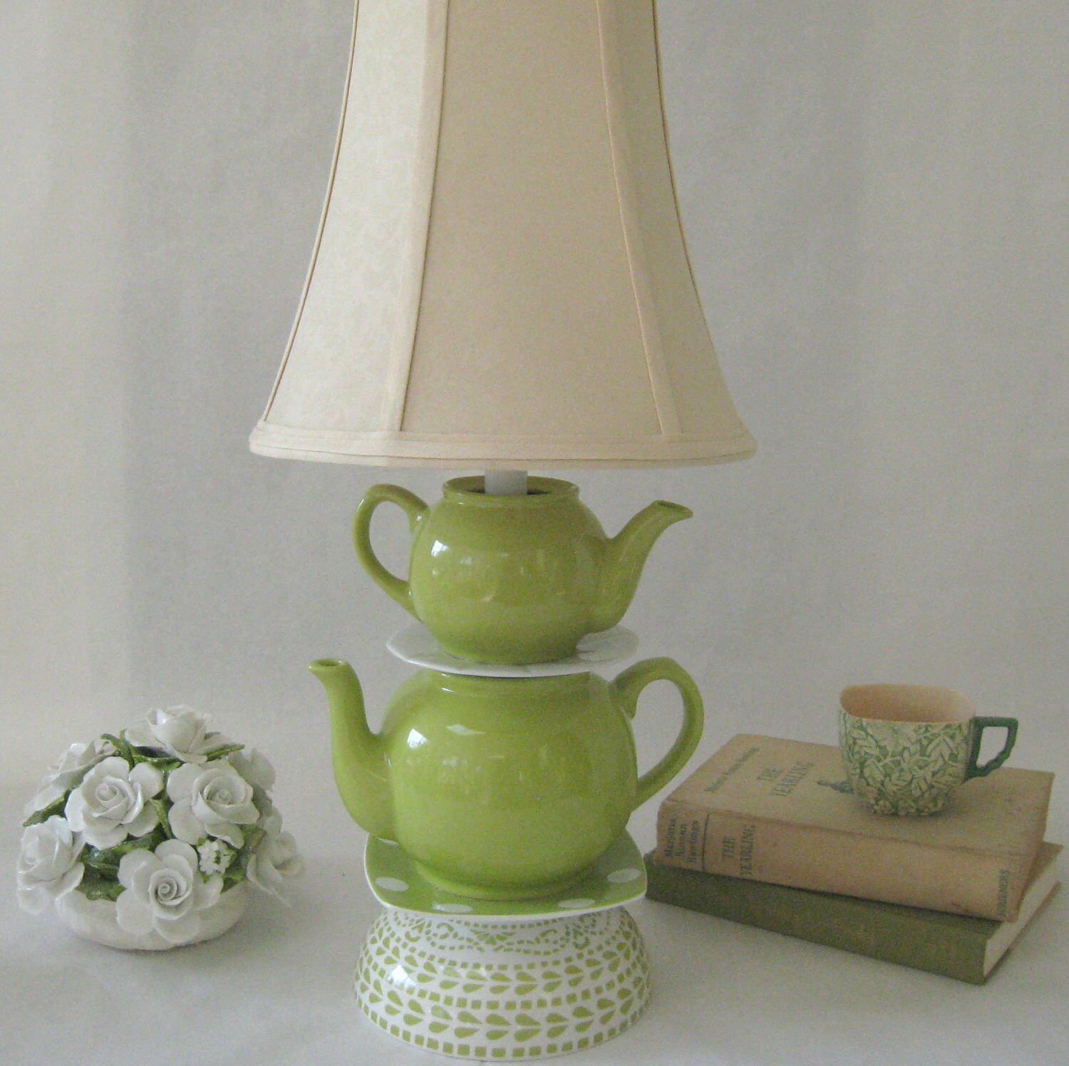 Teapot Lamp Green Stacked Teapots Polka Dot Plate by ThistleandJug