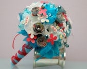 Wedding - Paper Flower Bridal Bouquet - Blue Wedding with accents of Red Paper Flowers