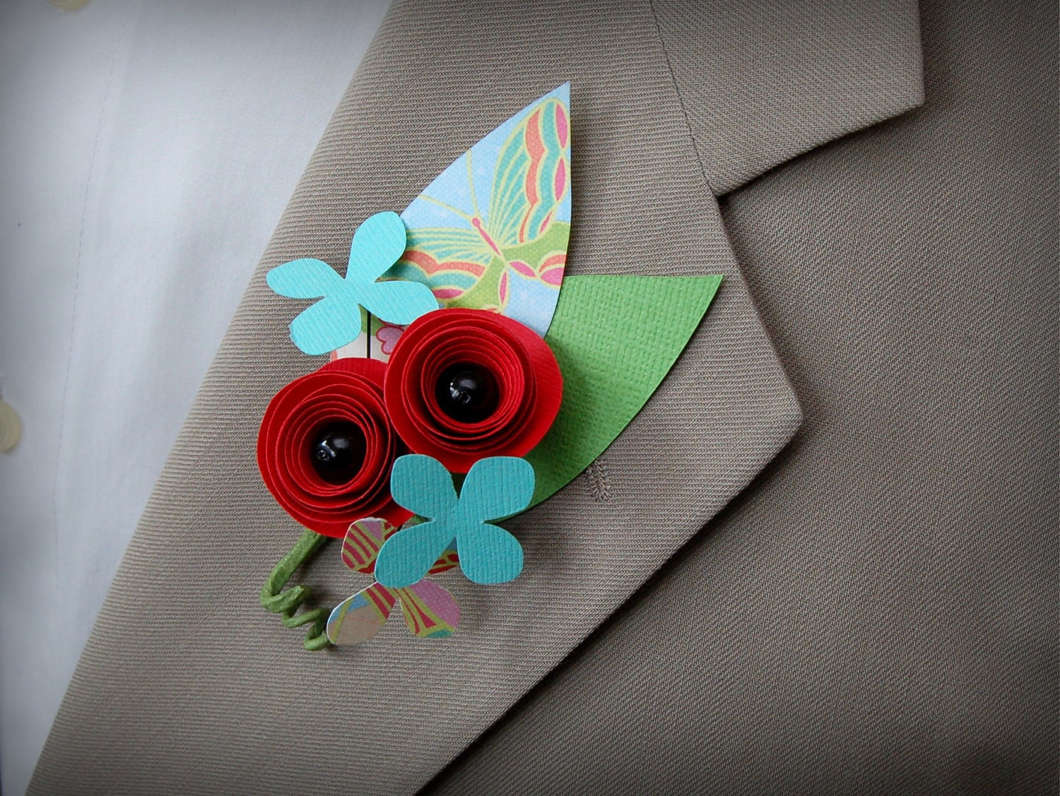 Paper Flower Boutonniere - Red Poppies accented with Tiffany Blue