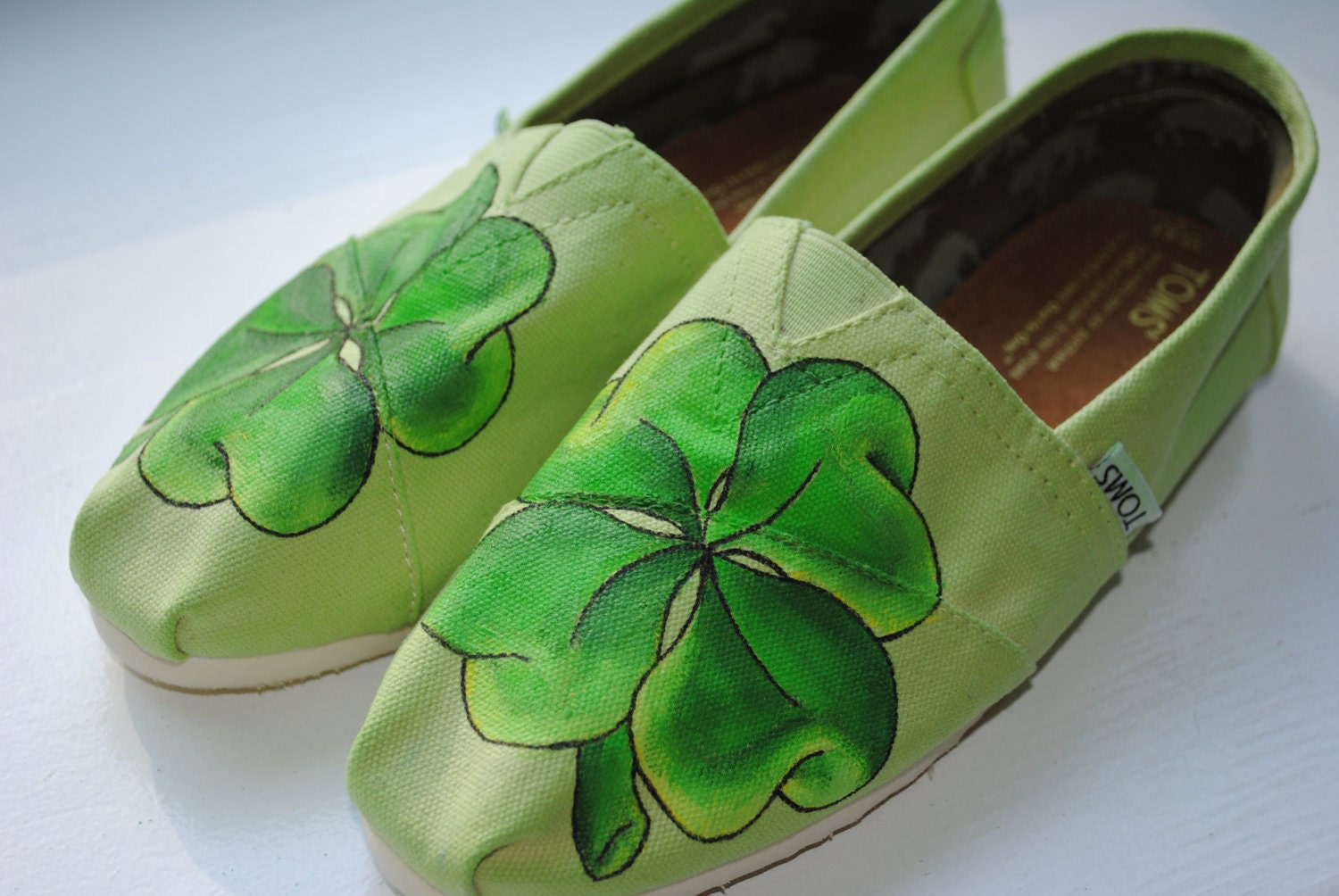 Hand Painted Toms in a Four Leaf Clover Design, Custom Hand Painted Shoes