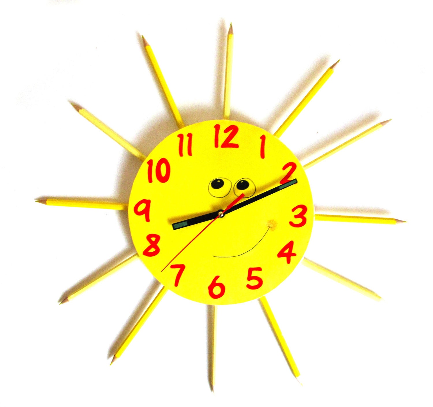 Cute yellow sun pencil wall clock for kids children clock