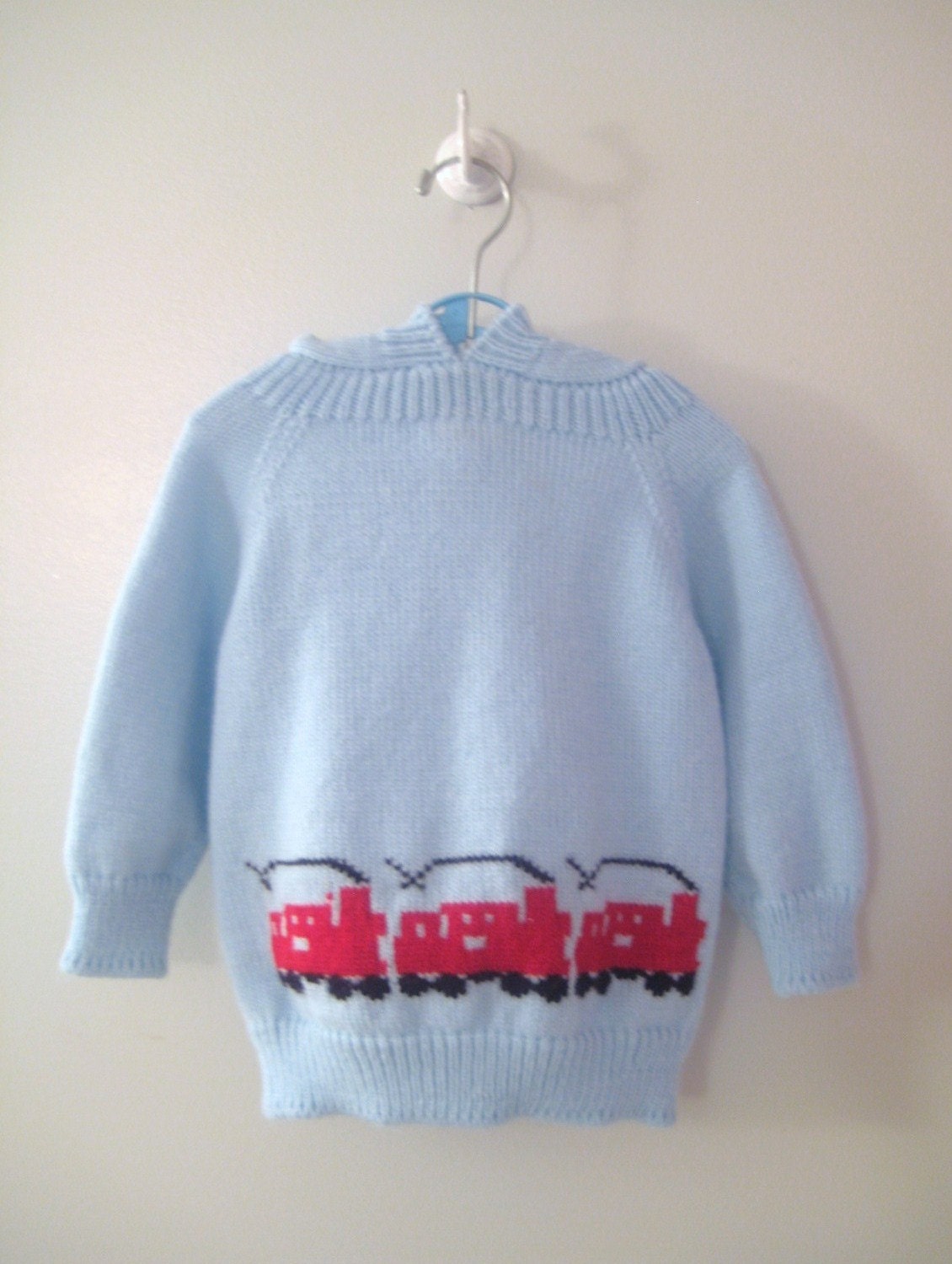 1970's Hand Knit Blue and Red Hooded "Choo Choo Train" Sweater