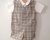 1970's Navy Blue and Yellow Plaid Romper and Shirt Set