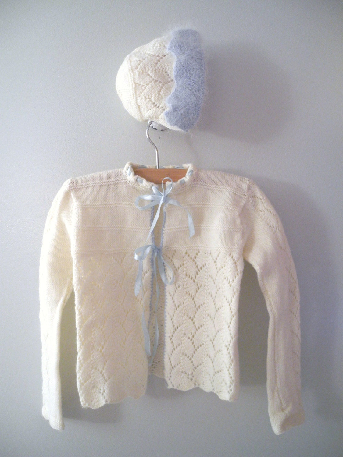 1950's Hand Knit Baby Blue and Cream Sweater and Bonnet Set