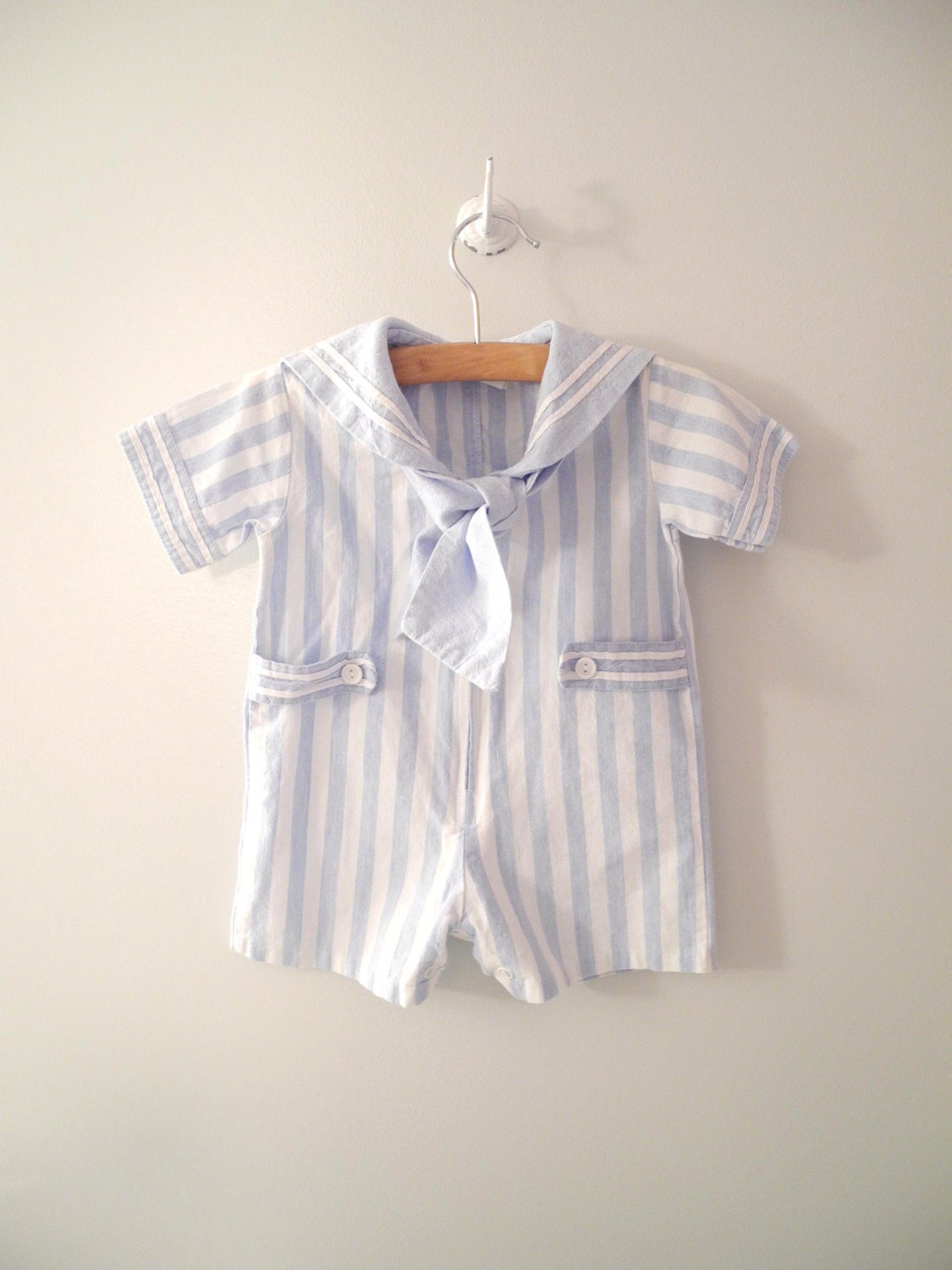 1960's Light Blue and White Striped Sailor Romper