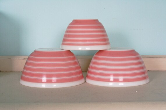 3 Pink Pyrex Striped Bowls