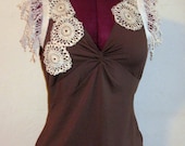 Womens Top Redesigned Upcycled Boho Top with Cutout Handmade Lace and Doilies, Tattered Lace Sleeve Caps