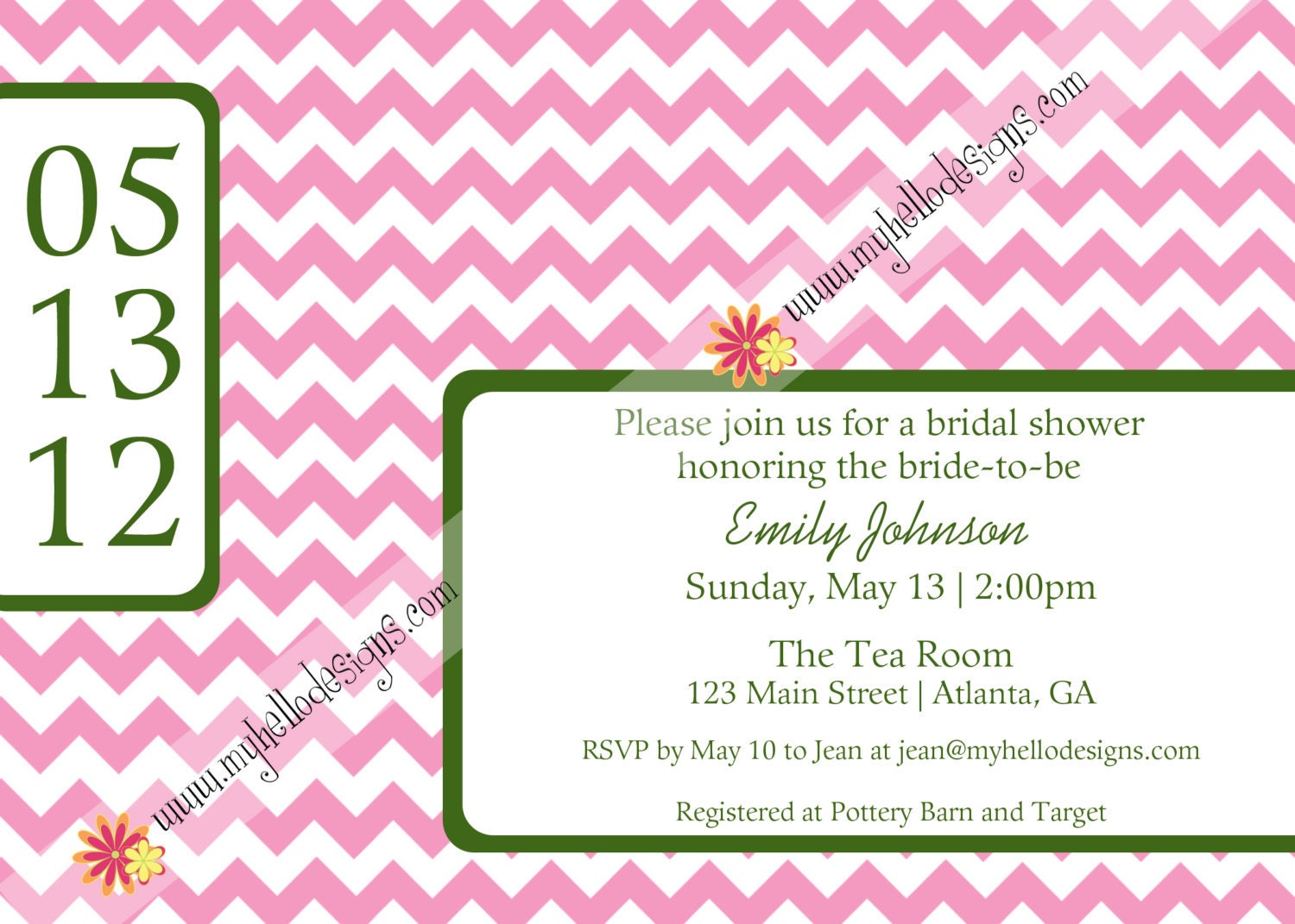 Baby or Bridal Shower Invitation:  Pink & Green Chevron (Any Color Combo Available)