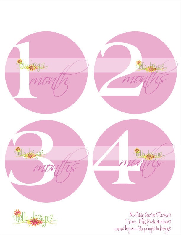 Monthly Onesie Sticker (Girl): Pink with White Block Numbers (FREE JUSTBORN STICKER)