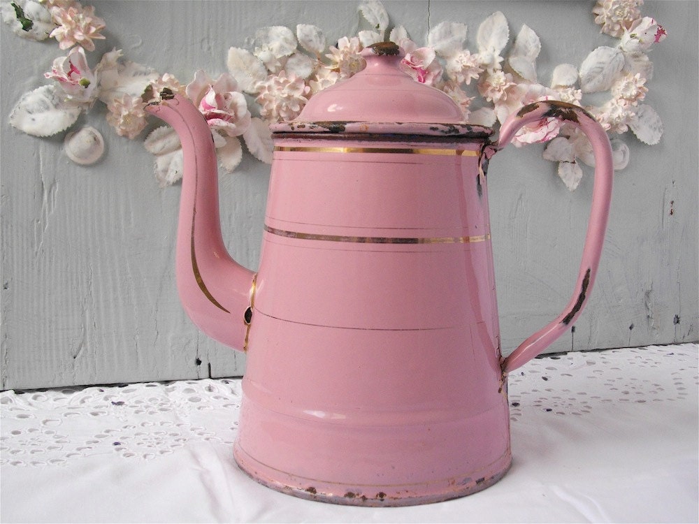Fabulous Vintage French Antique Enamel Pink Coffeepot