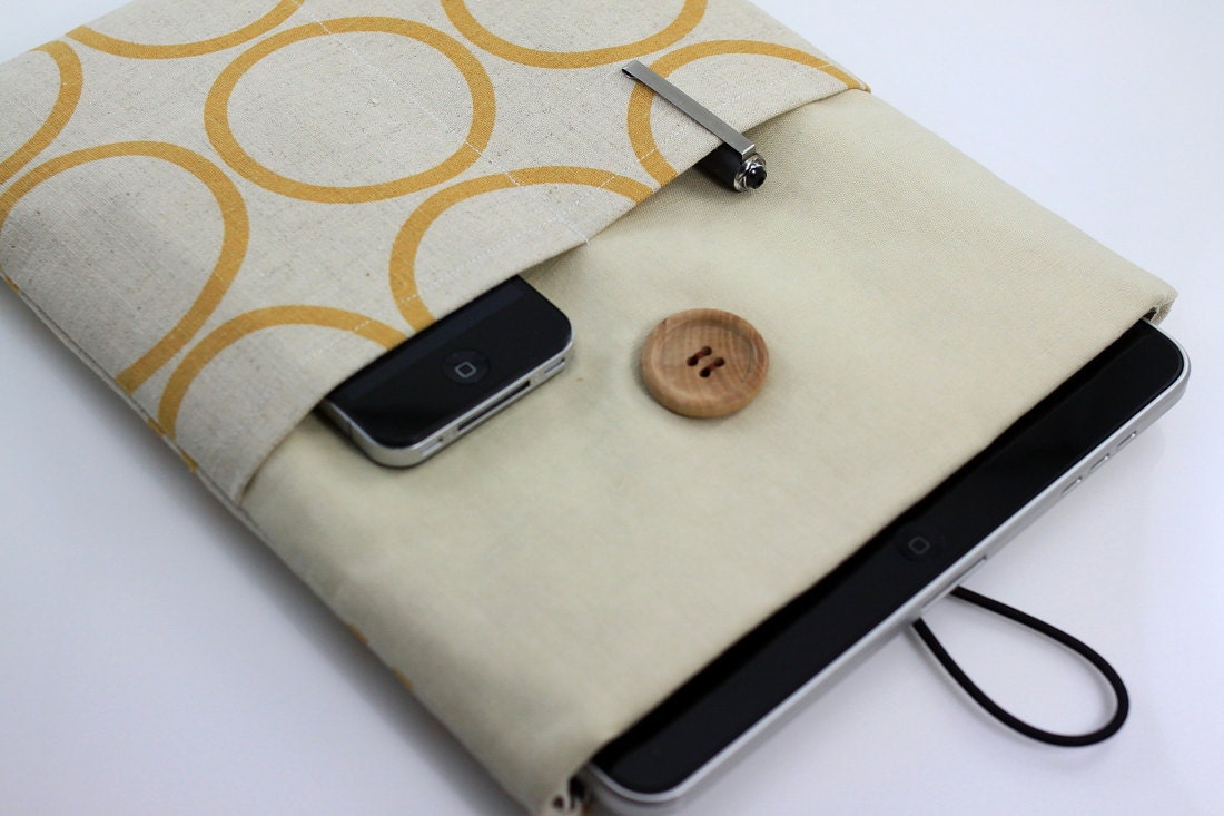 iPad Case, iPad Sleeve, iPad Cover, PADDED, with pockets for iPhone - Yellow Circles