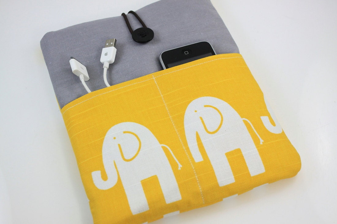 iPad Case, iPad Sleeve, iPad Cover, PADDED, with pockets for iPhone - Cute Elephant (Yellow & White)