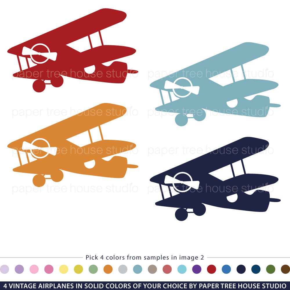 Vintage Airplane Clip Art Customized With Your Choice of Colors - 4 Print Ready Digital Files