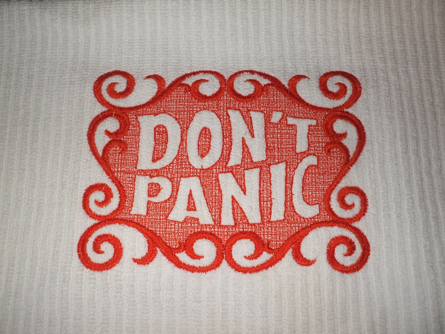 Embroidered Towel: Don't Panic