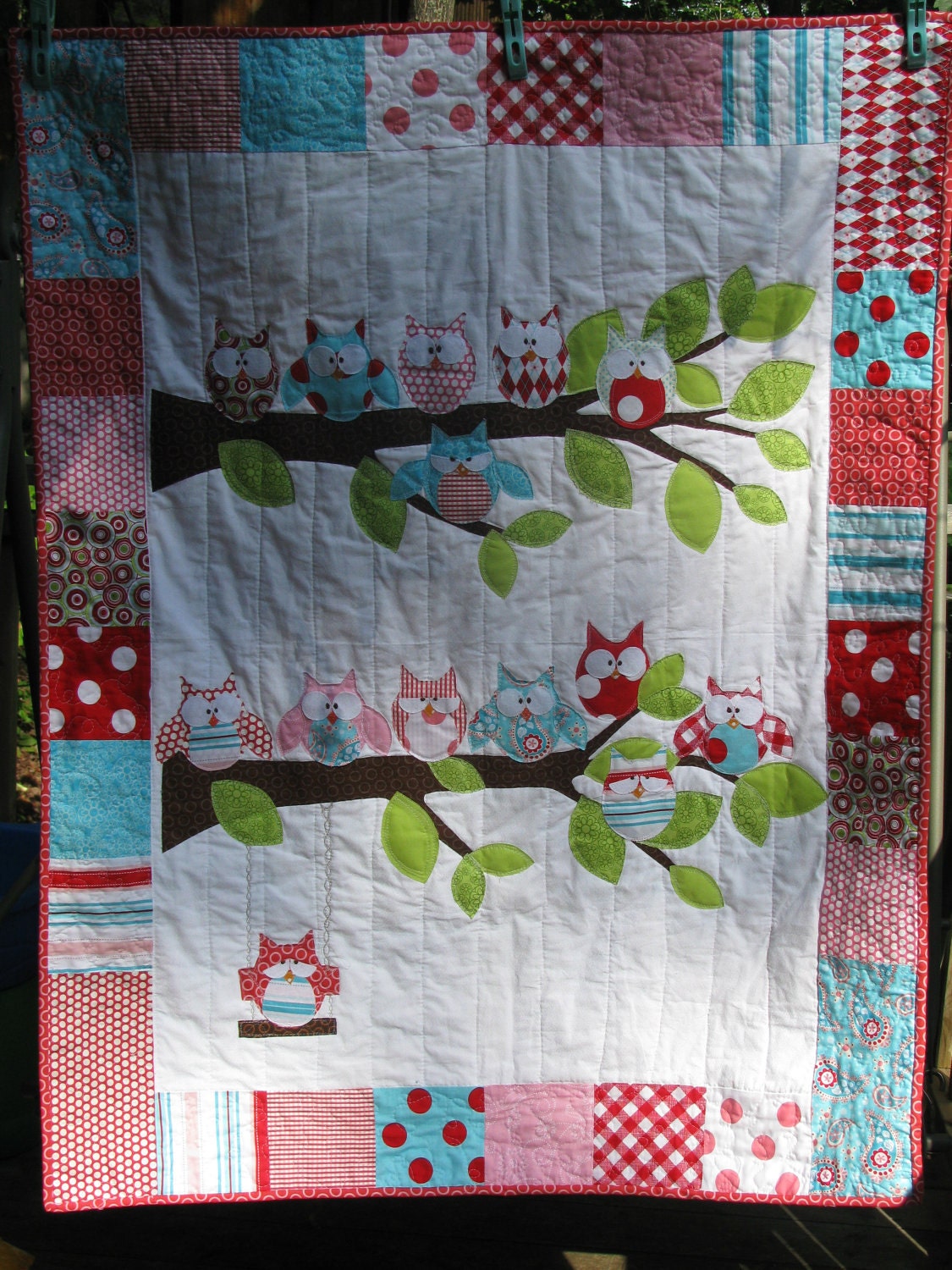 Owl baby girl quilt Happy Hoots Lots of Owls on the tree branches in Riley Blake fabrics