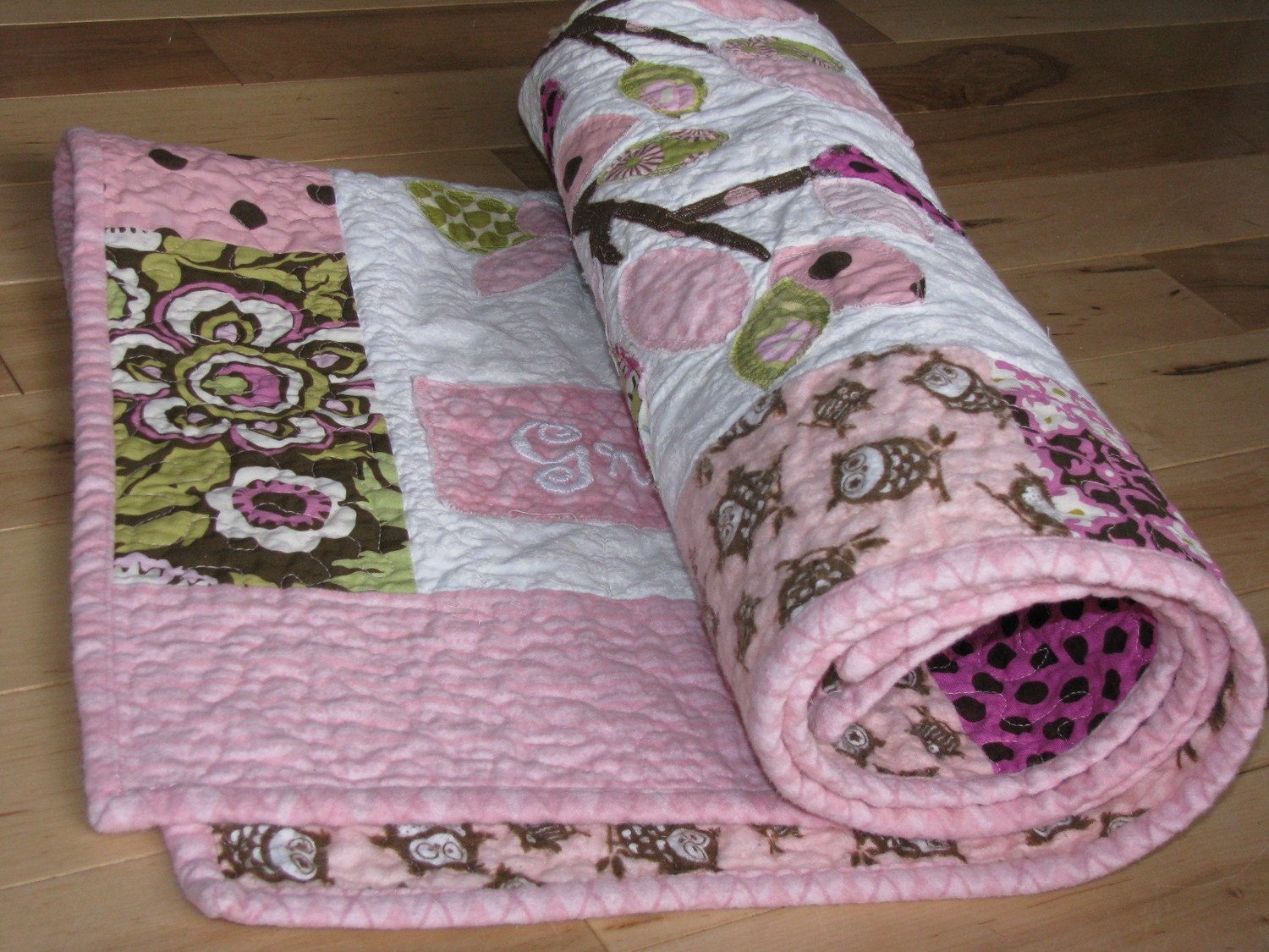 Owl baby girl quilt of flannel & cotton in pink, chocolate brown, sage, white with tree
