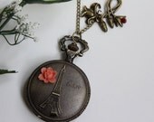 Time to Paris - Vintage Style Pocket Watch Necklace with Rose Flower Charm
