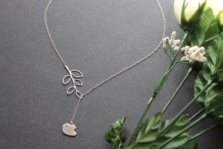 Flying Little Bird and Leaf Branch Lariat Necklace, Sterling Silver Chain, Flying Swallow, Daily Jewelry Gift for Girls