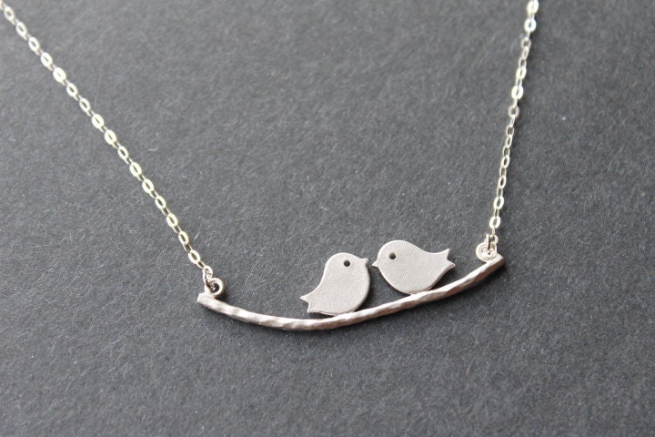 Love Birds on Branch Necklace, Kissing Birds, Sterling Silver Chain, Gift for Mother or Girlfriend or Lady