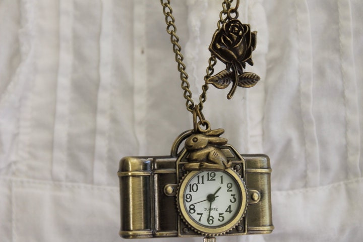 Alice in Wonderland - Antique Camera Pocket Watch Necklace with Rabbit and Rose Flower Charm