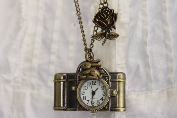 Alice in Wonderland - Antique Camera Pocket Watch Necklace with Rabbit and Rose Flower Charm