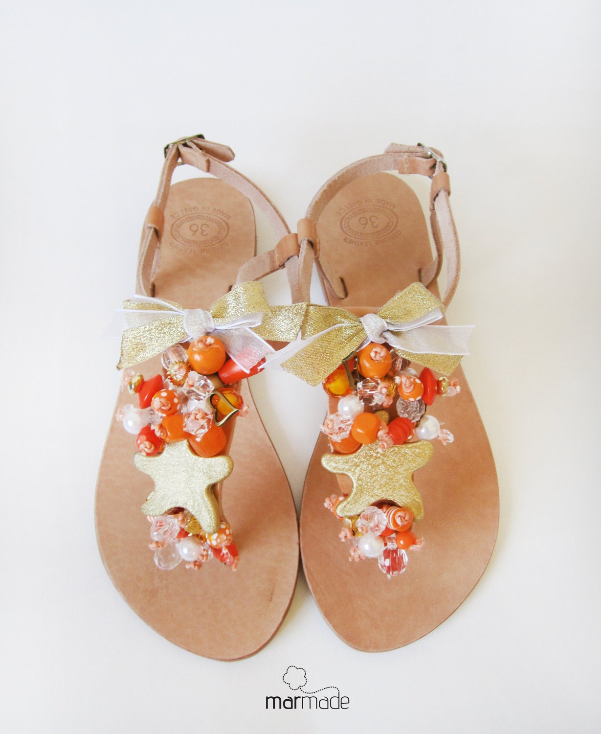 Handmade Leather Sandals with Gold Starfish, orange, gold and cream beads
