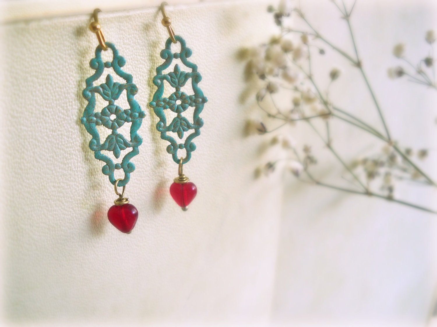 Salvia - romantic heart earrings red blue patinated brass verdigris patina Czech glass garnet Valentine jewelry gift for her